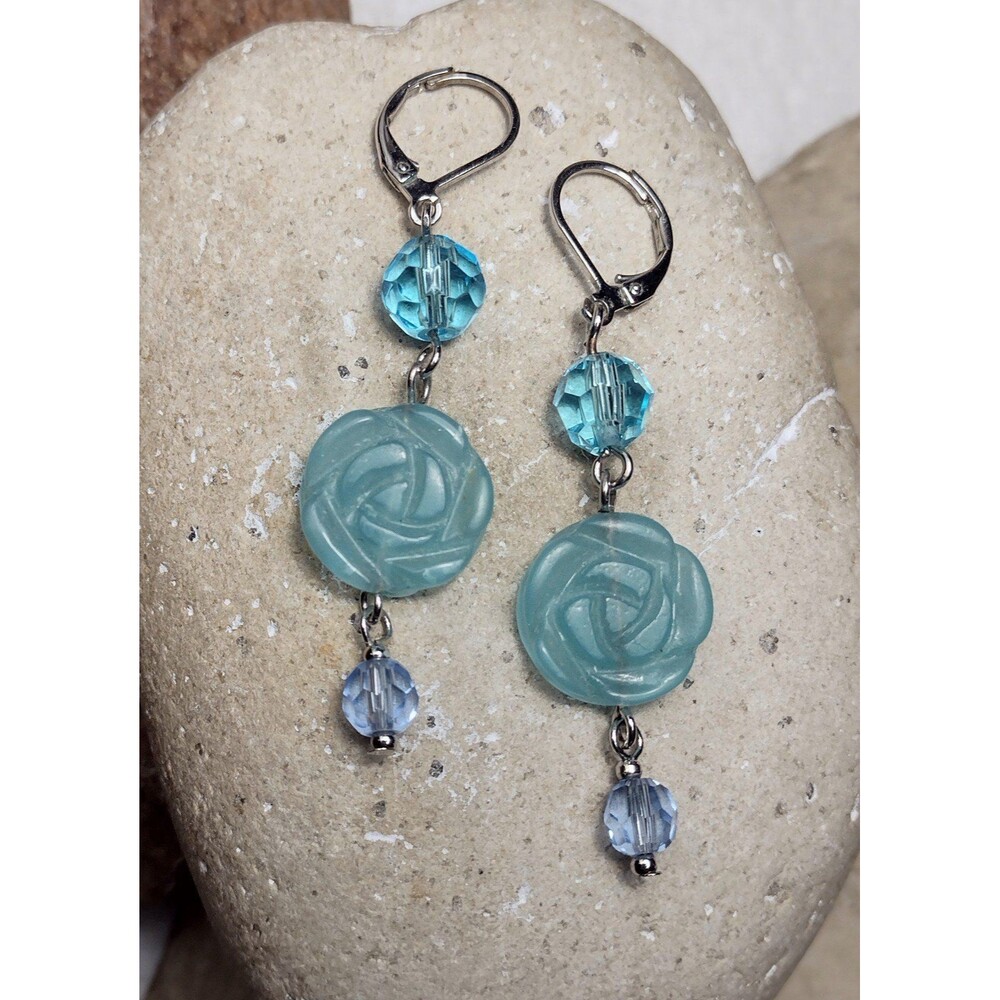 Blue Stone Carved Flower Crystal Beaded Dangle Earrings - Picture 6 of 7